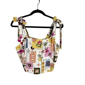 Colorful Linen Floral Crop Top Yellow XL Fruit Boho Indie Folk Feminine Cottage